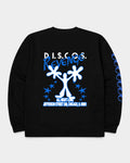 Lockwood Avenue black long-sleeve cotton t-shirt featuring a blue and white graphic back print of a dancing figure.