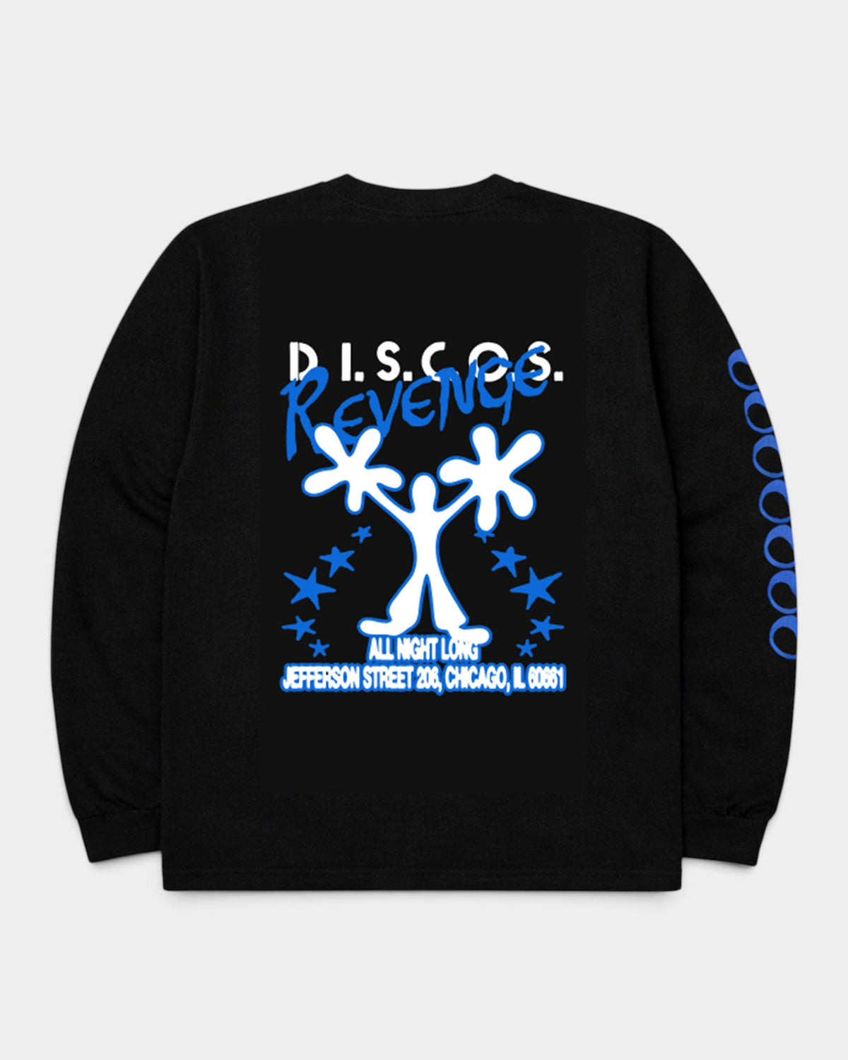 Lockwood Avenue black long-sleeve cotton t-shirt featuring a blue and white graphic back print of a dancing figure.
