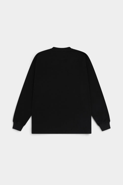 Lockwood Avenue After Midnight heavyweight black long-sleeve streetwear t-shirt, back view.