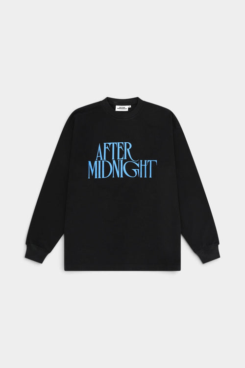 Lockwood Avenue black heavyweight long-sleeve t-shirt with blue After Midnight graphic print on the chest