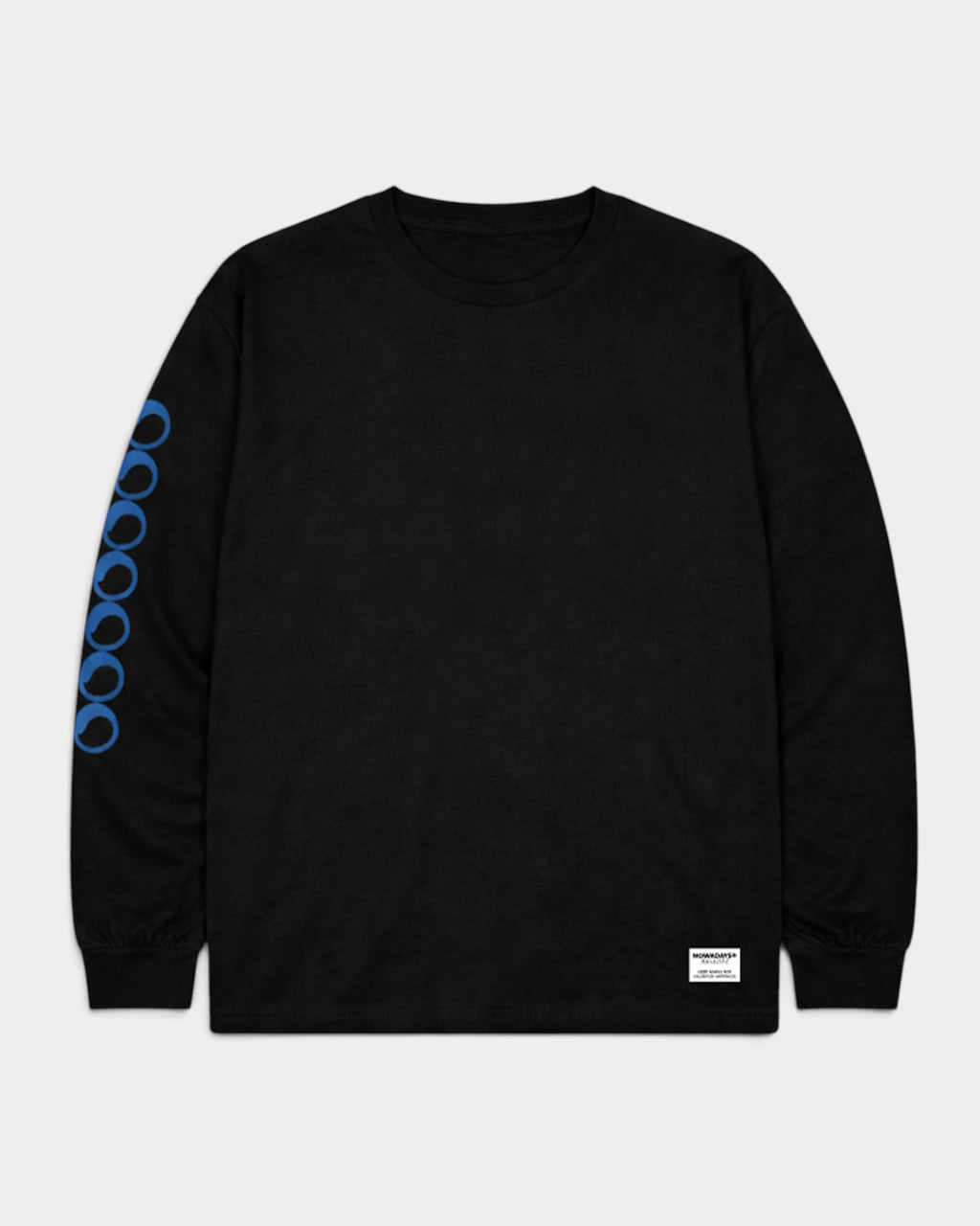 Lockwood Avenue black long-sleeve cotton t-shirt with blue circular sleeve logo and relaxed fit
