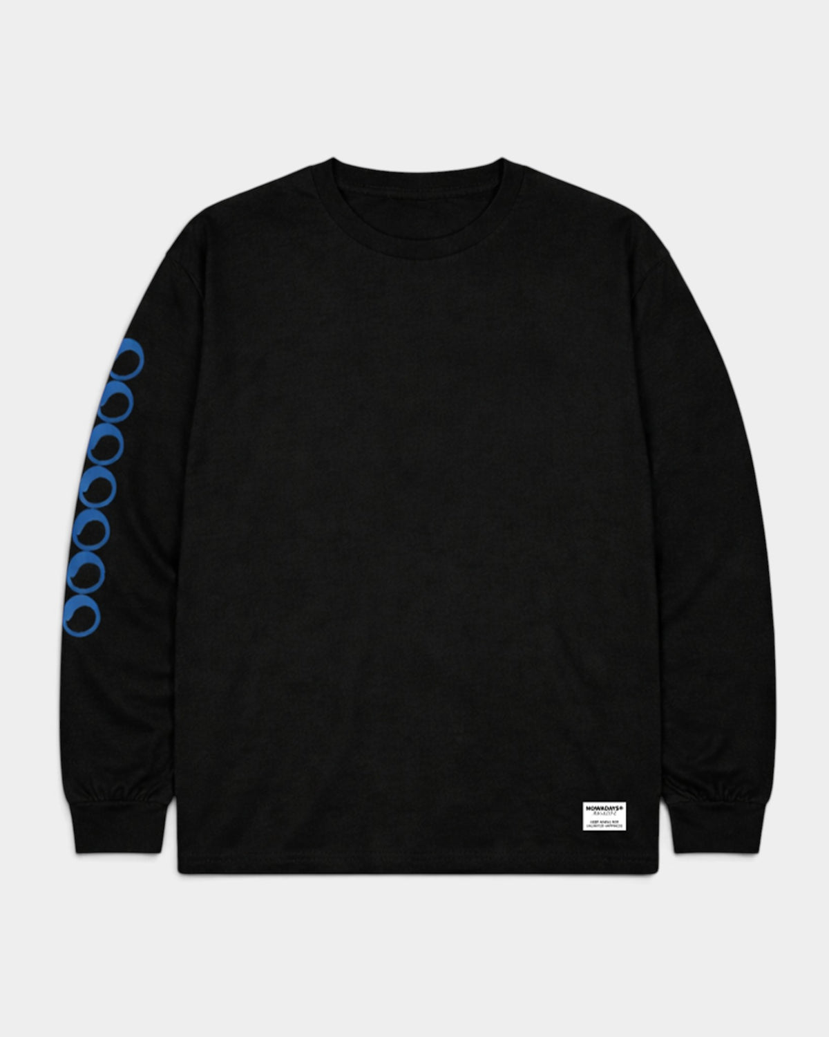 Lockwood Avenue black long-sleeve cotton t-shirt with blue circular sleeve logo and relaxed fit