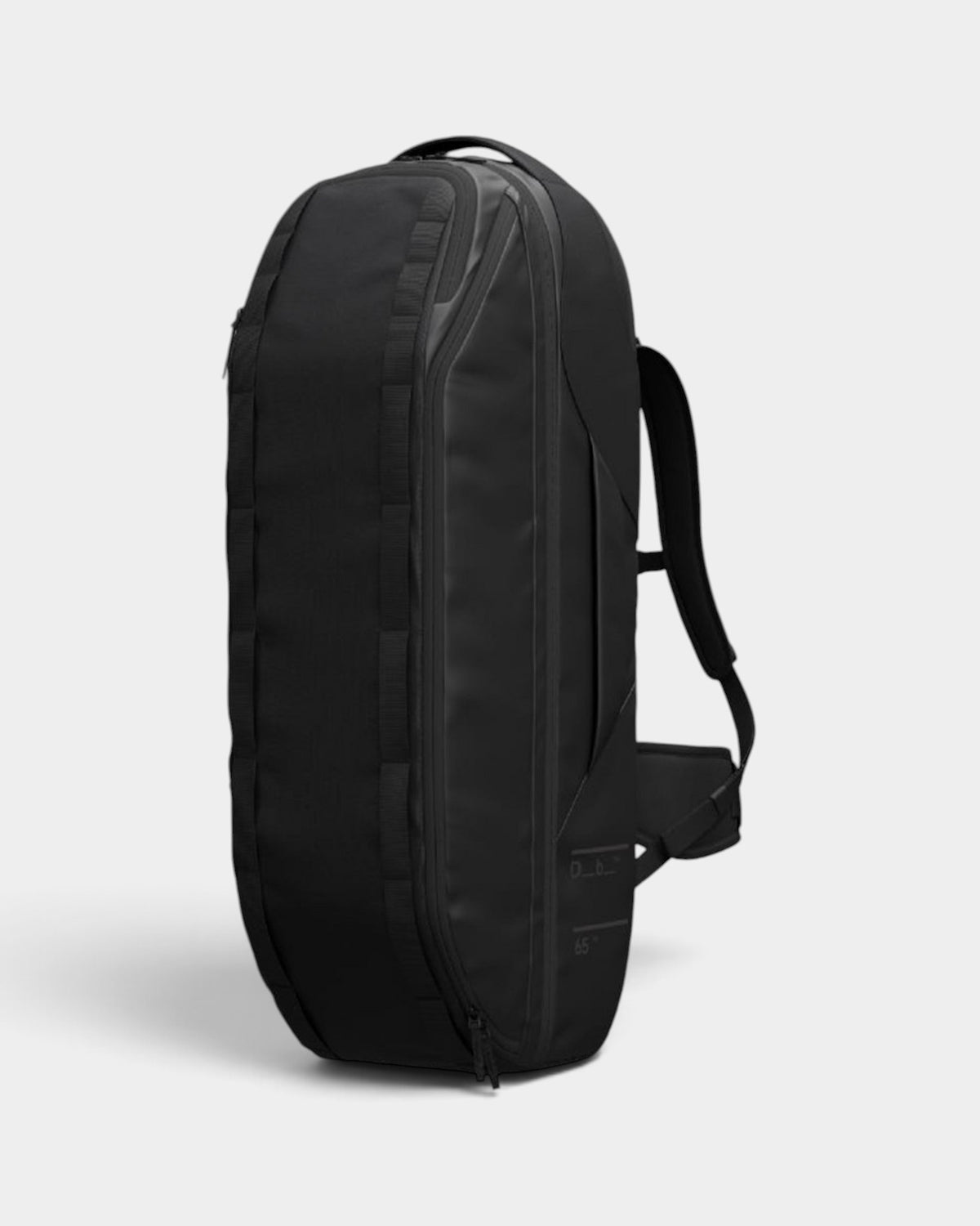 Lockwood Avenue black 65L travel duffel backpack with ergonomic straps and dedicated skateboard storage compartment.
