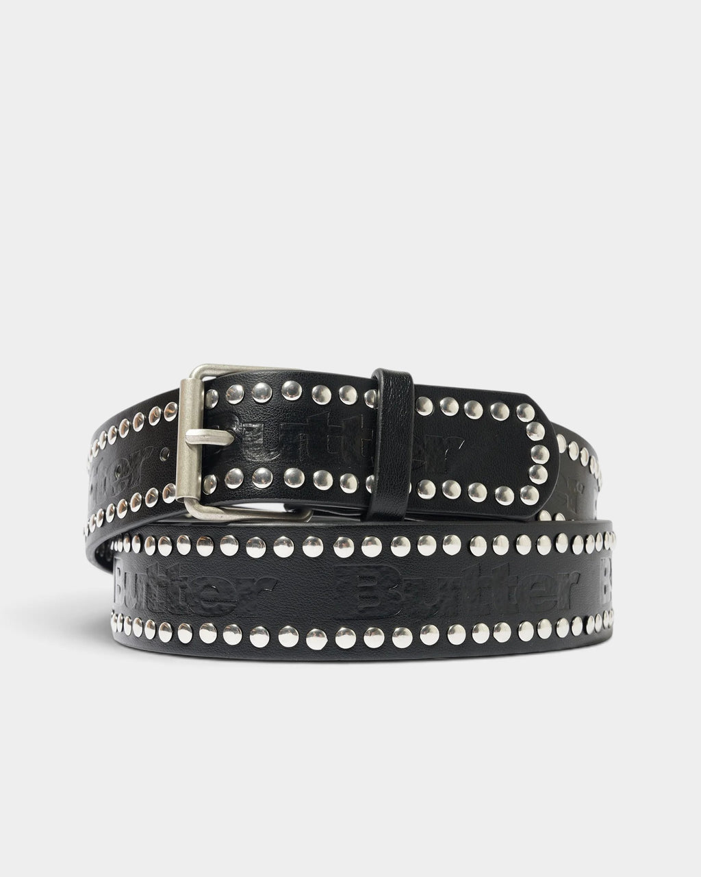 Lockwood Avenue black PU leather studded belt with silver metal hardware and debossed Butter Goods logo branding.