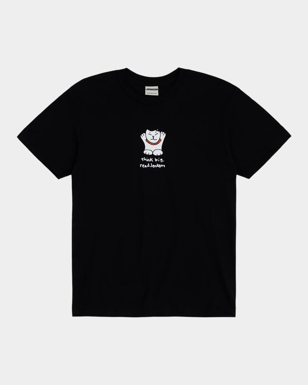 Lockwood Avenue black cotton t-shirt featuring a white cartoon cat graphic and Think Big Read Jenkem text