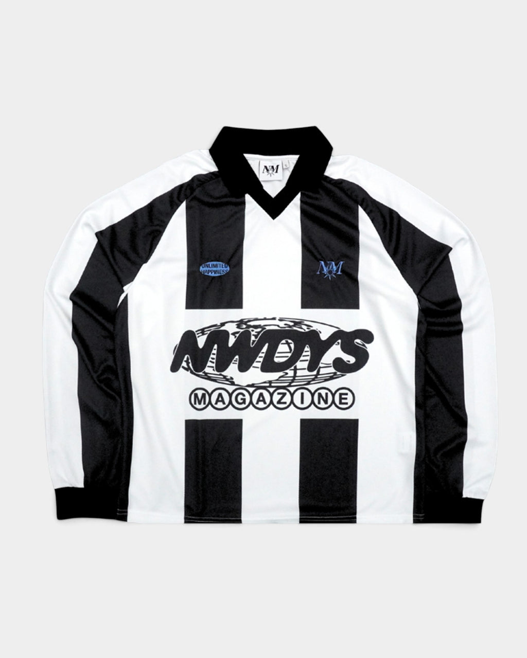 Lockwood Avenue Nowadays Magazine long-sleeve football jersey in black and white stripes with chest graphic print.
