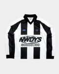 Lockwood Avenue Nowadays Magazine long-sleeve football jersey in black and white stripes with chest graphic print.