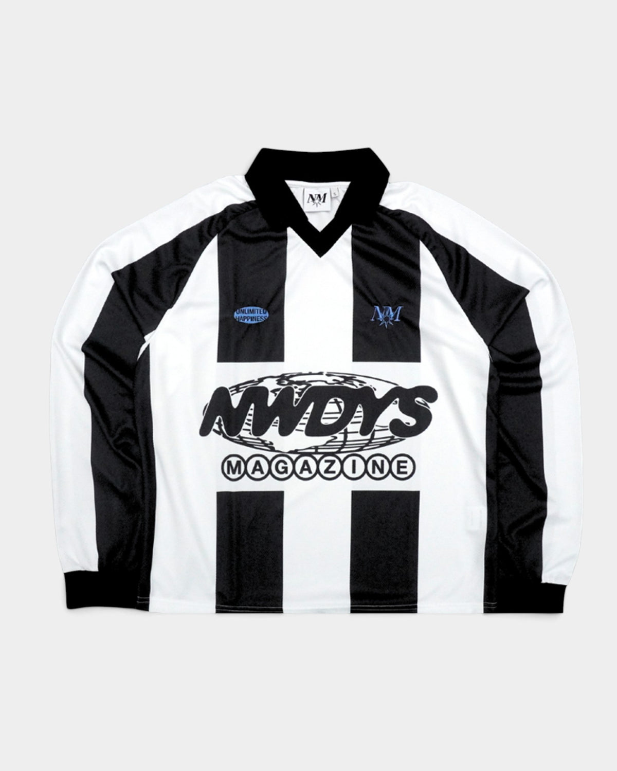Lockwood Avenue Nowadays Magazine long-sleeve football jersey in black and white stripes with chest graphic print.
