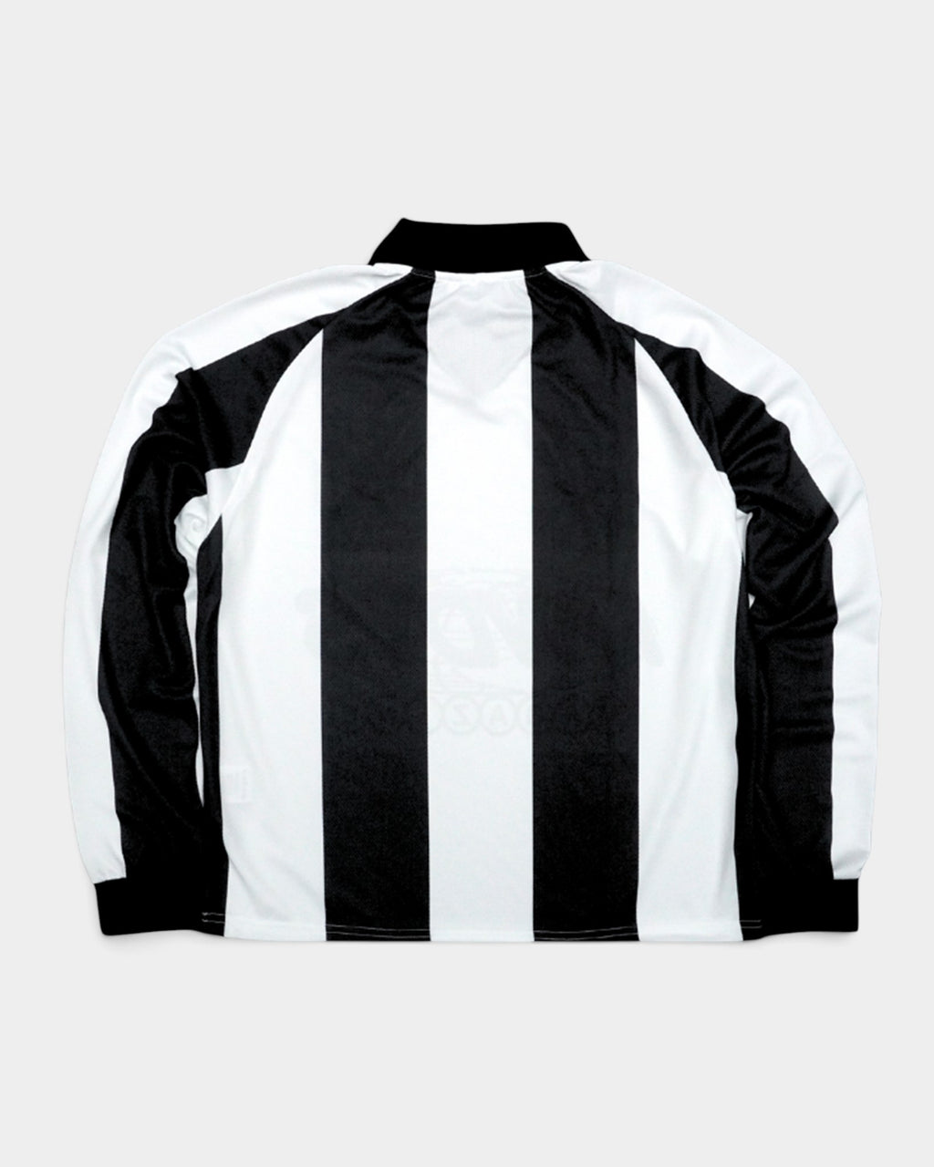 Lockwood Avenue Nowadays Magazine long-sleeve football jersey in black and white stripes, back view.