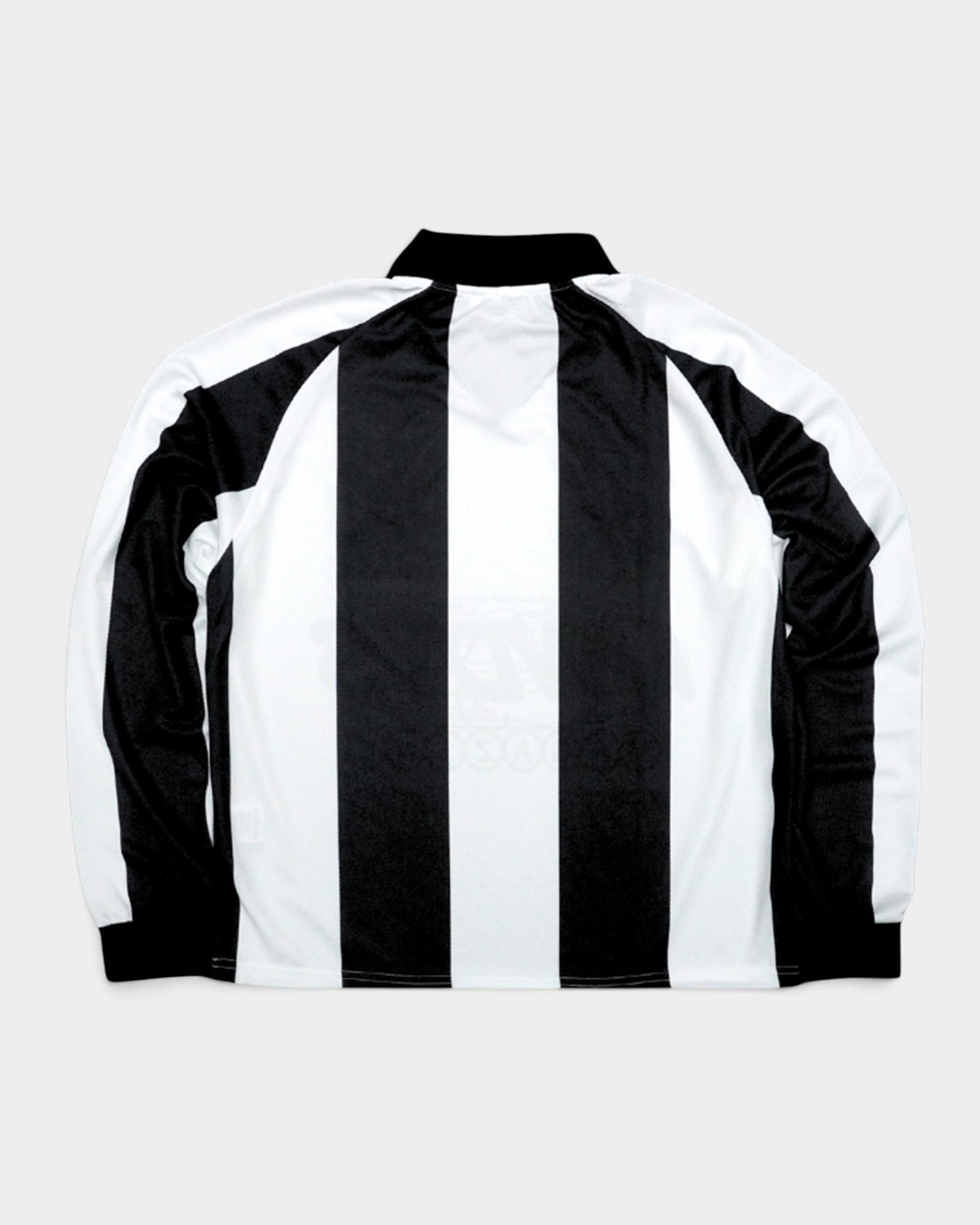 Lockwood Avenue Nowadays Magazine long-sleeve football jersey in black and white stripes, back view.
