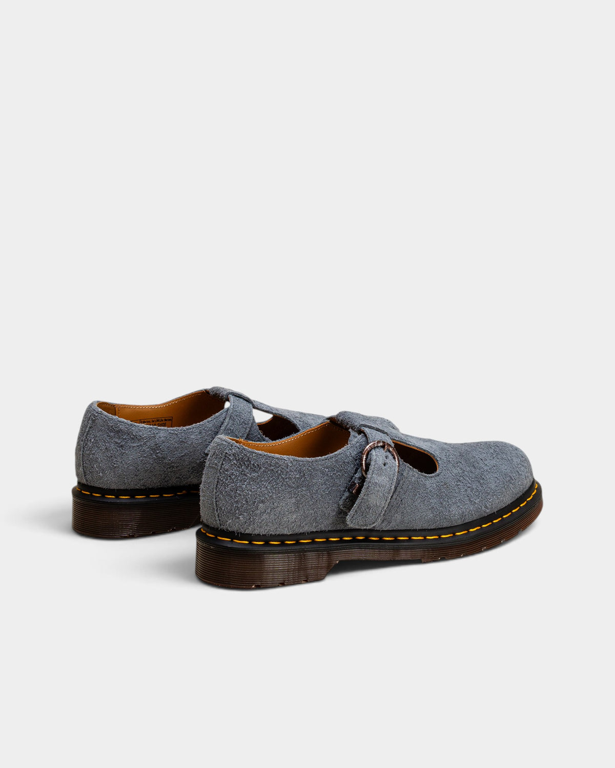 Lockwood Avenue Dr. Martens blue long napped suede T-bar Mary Jane shoes with signature yellow welt stitching