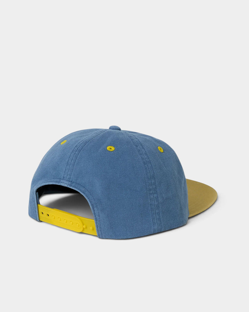 Lockwood Avenue blue and yellow cotton twill dad cap with a flat brim and plastic snapback adjuster, rear view.