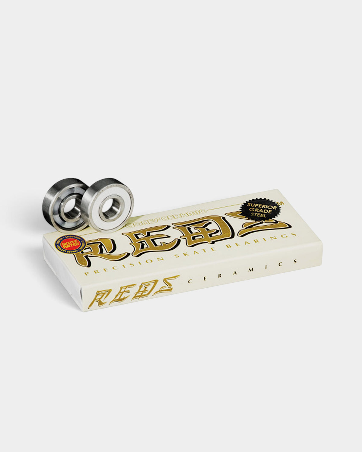 Lockwood Avenue Bones Ceramic Super Reds skateboard bearings with steel races and ceramic balls in original packaging
