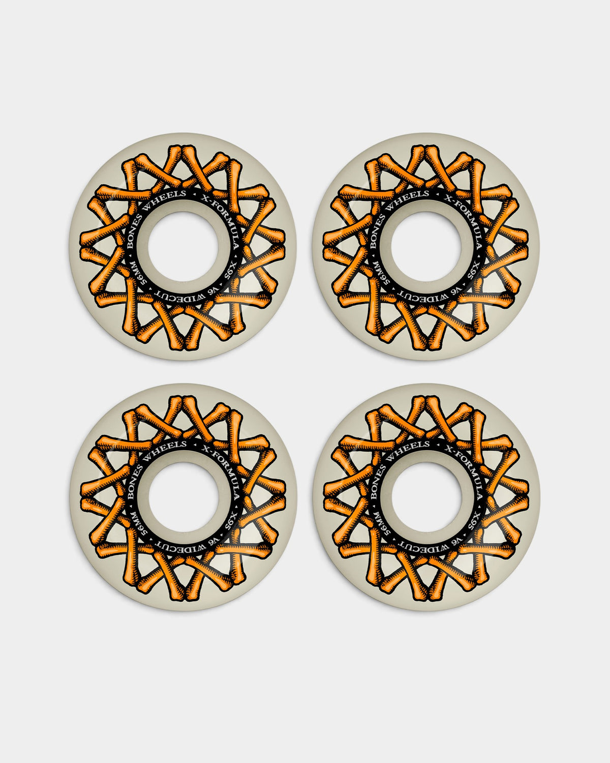 Lockwood Avenue Bones X-Formula V6 Wide Cut 56mm skateboard wheels in off-white with orange bone graphic pattern