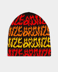 Lockwood Avenue Bronze 56k black rib-knit beanie with red, orange, and yellow flame-style lettering