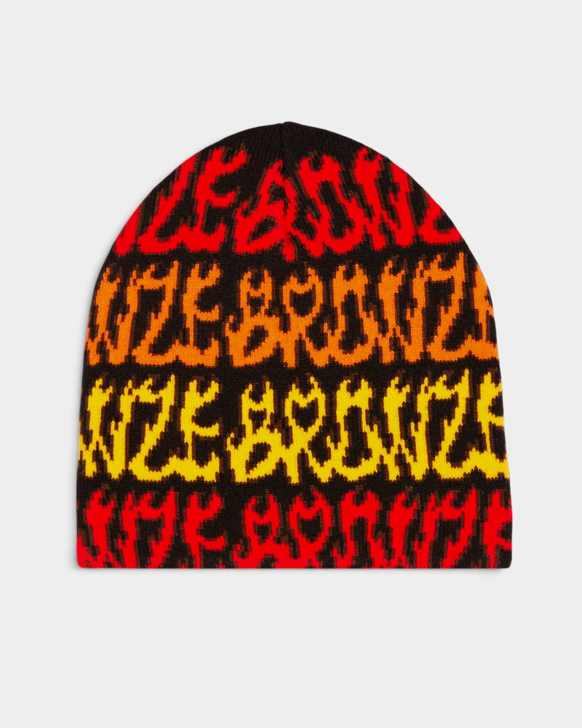 Lockwood Avenue Bronze 56k black rib-knit beanie with red, orange, and yellow flame-style lettering