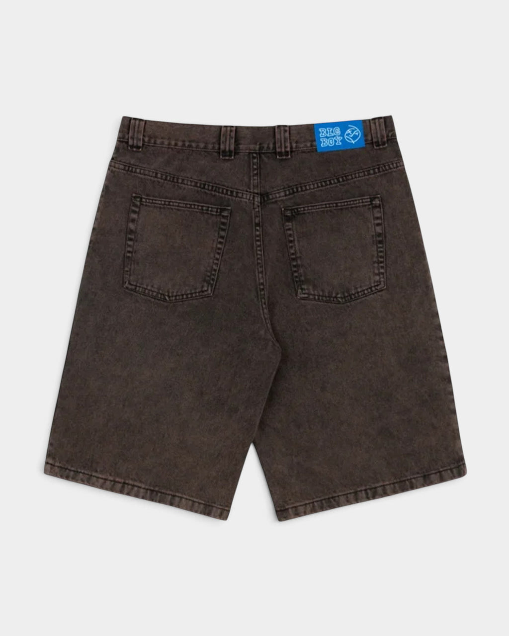 Lockwood Avenue Polar Big Boy brown denim shorts with back patch pockets and blue logo label