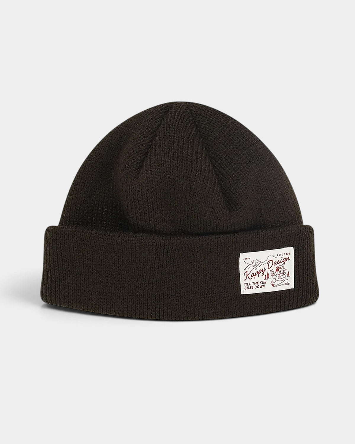 Lockwood Avenue Kappy Bear Beanie in brown ribbed acrylic knit with a short fisherman fit and woven brand label.