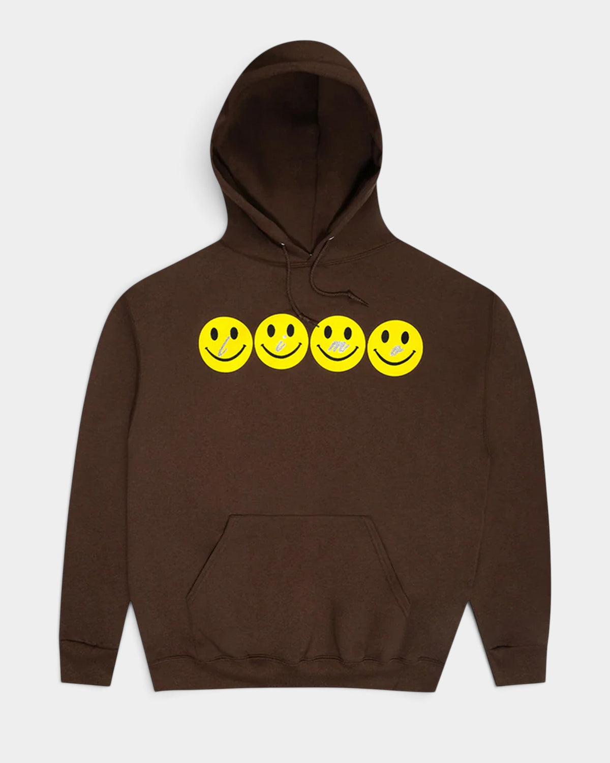 Lockwood Avenue brown fleece hoodie featuring four yellow smiley faces with sparkle gel detail on the front
