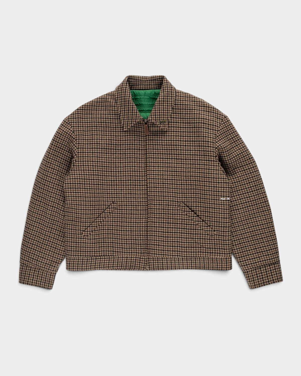 Lockwood Avenue Pop Trading Company wool Harrington jacket in brown houndstooth with a green quilted lining