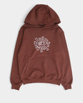 Lockwood Avenue brown cotton hoodie featuring a white hand-drawn scribbled sun graphic and a deep three-panel hood.