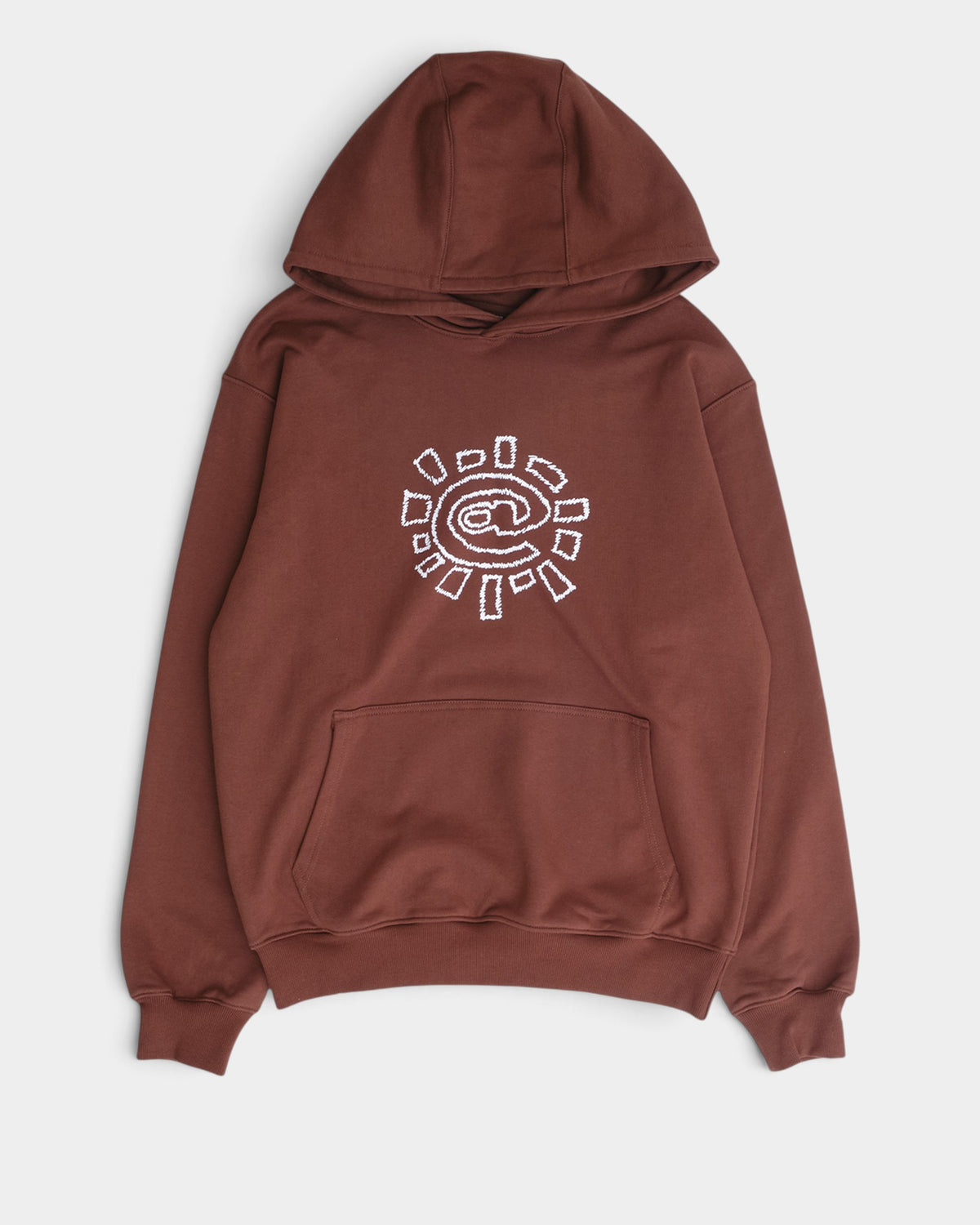 Lockwood Avenue brown cotton hoodie featuring a white hand-drawn scribbled sun graphic and a deep three-panel hood.