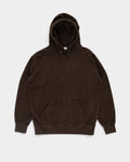Lockwood Avenue dark brown cotton terry hooded sweatshirt with kangaroo pocket and v-insert collar detail.