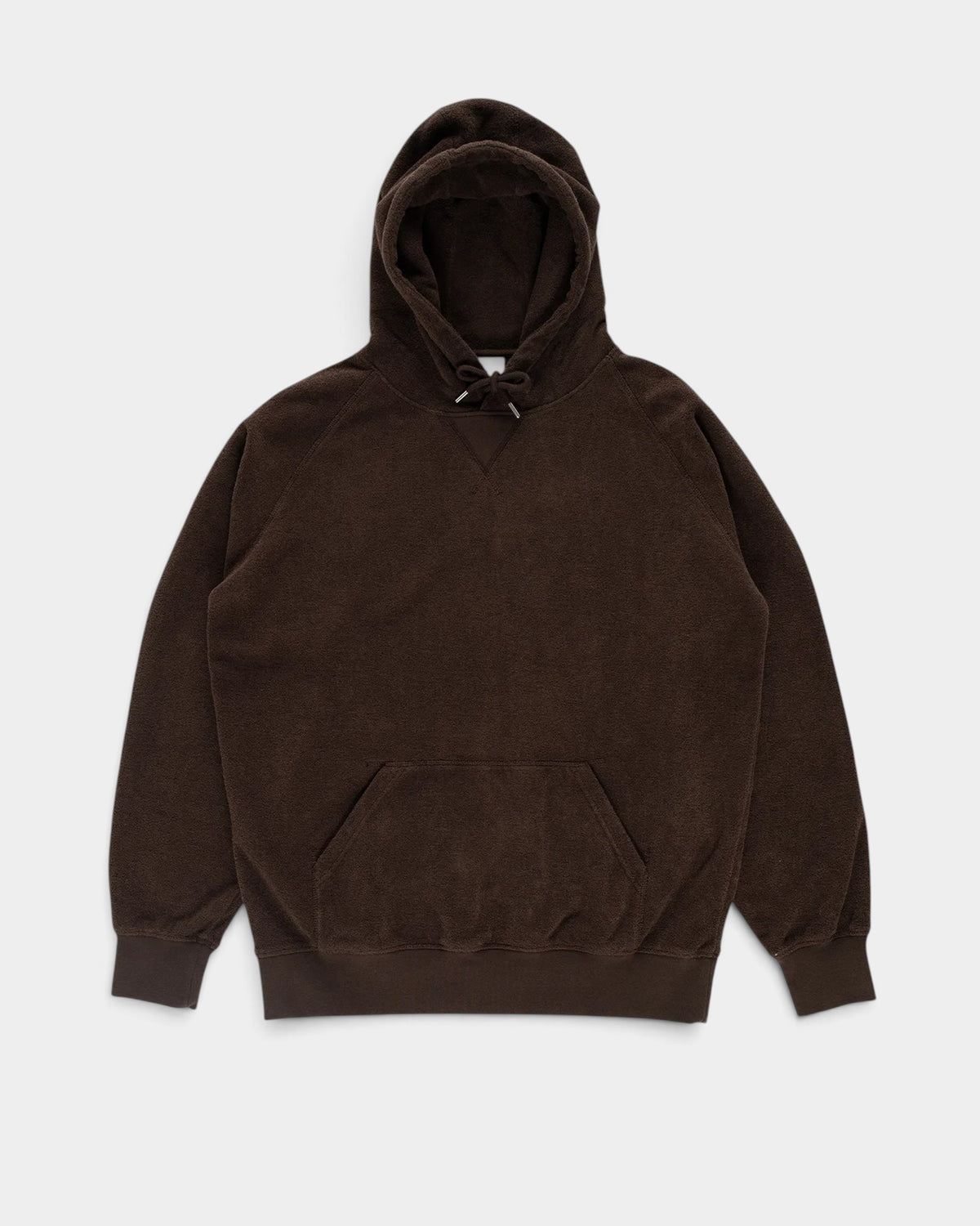 Lockwood Avenue dark brown cotton terry hooded sweatshirt with kangaroo pocket and v-insert collar detail.