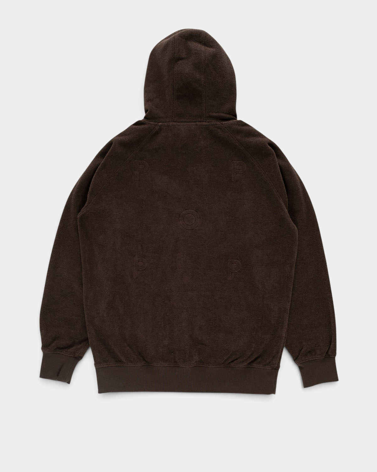 Lockwood Avenue brown cotton terry hoodie with embroidered Pop outline logo on the back and ribbed hem