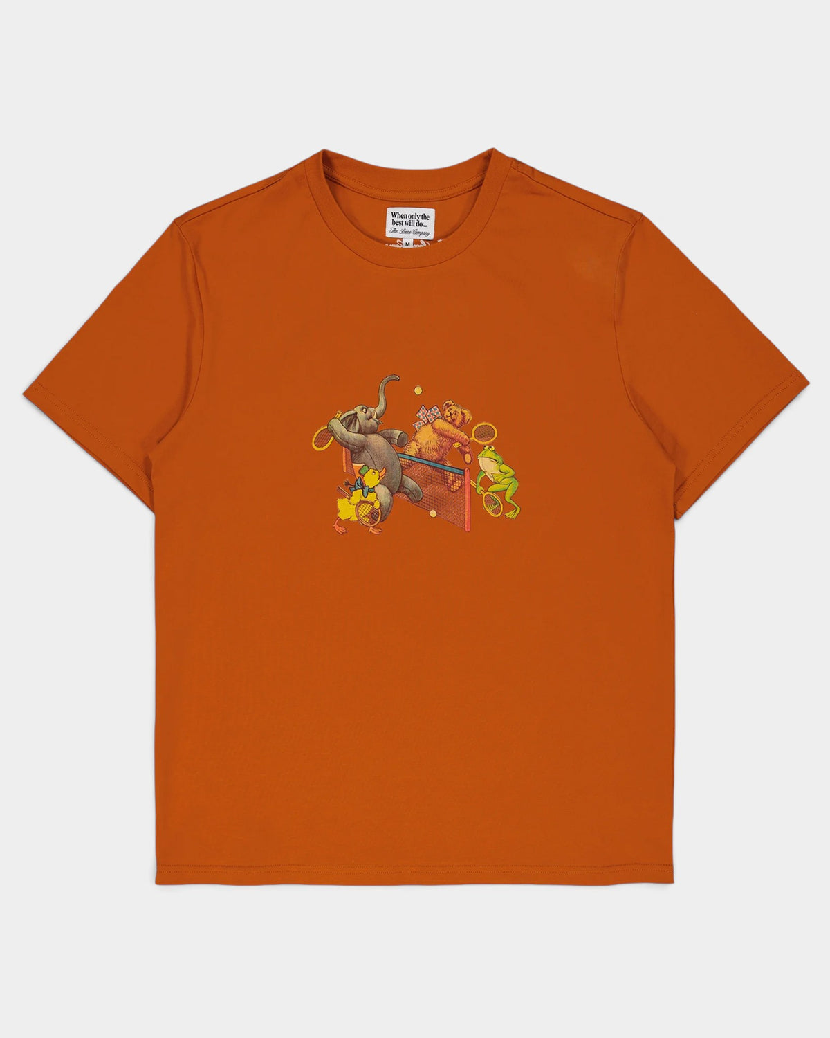 Lockwood Avenue The Loose Company burnt orange cotton t-shirt with graphic tennis print on front