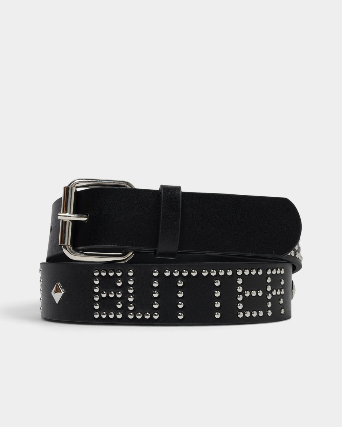 Lockwood Avenue Butter Goods black PU leather belt with silver metal studs and debossed logo detail
