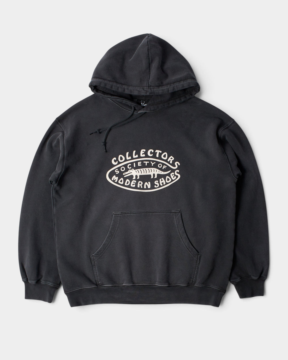 Lockwood Avenue by Parra Gator Shoes black sunfaded cotton hoodie with graphic print and front kangaroo pocket