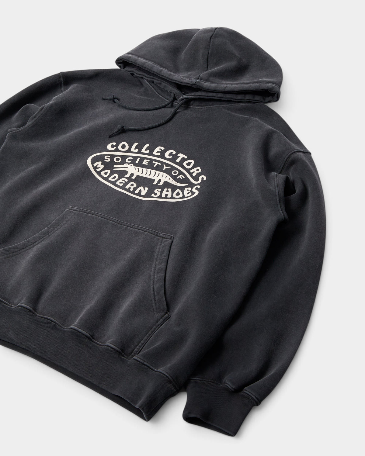 Lockwood Avenue by Parra Gator Shoes hooded sweatshirt in sunfaded black cotton with graphic print and front pocket