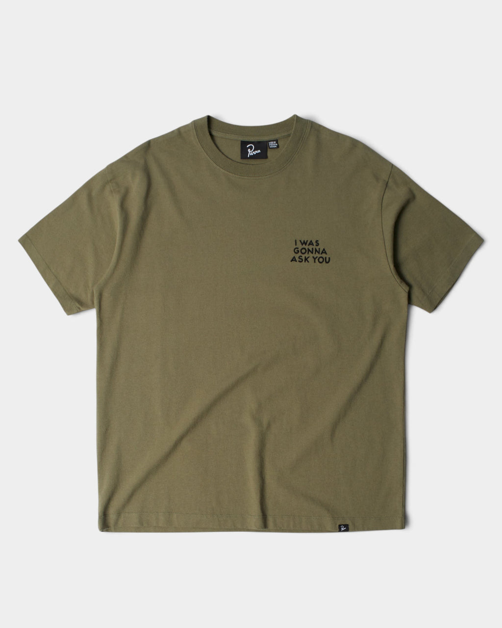 Lockwood Avenue by Parra olive green cotton t-shirt with black chest embroidery text on a plain background