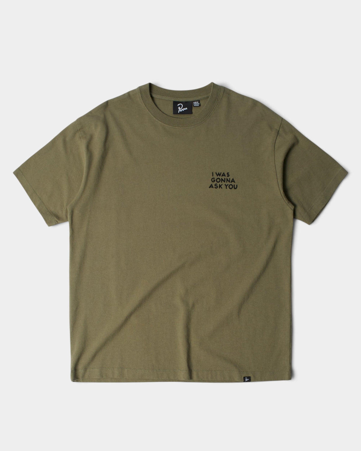 Lockwood Avenue by Parra olive green cotton t-shirt with black chest embroidery text on a plain background