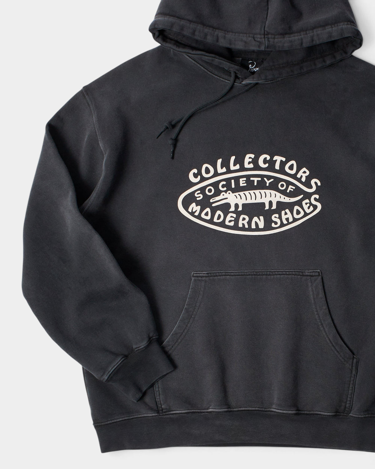 Lockwood Avenue by Parra black sunfaded hooded sweatshirt with Collectors Society of Modern Shoes graphic print.