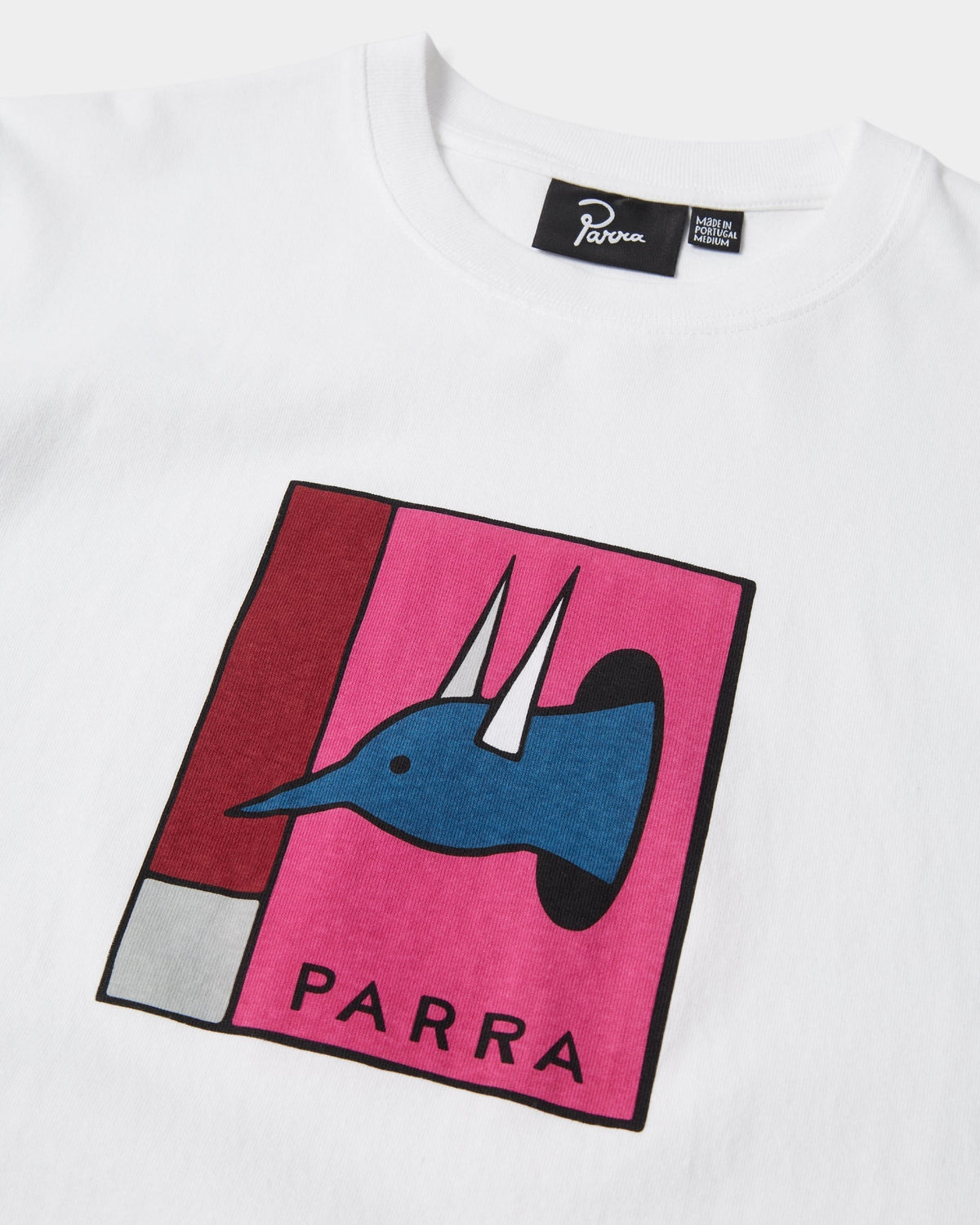 Lockwood Avenue by Parra The Hunted white heavyweight cotton t-shirt with a colorful graphic print on the chest.