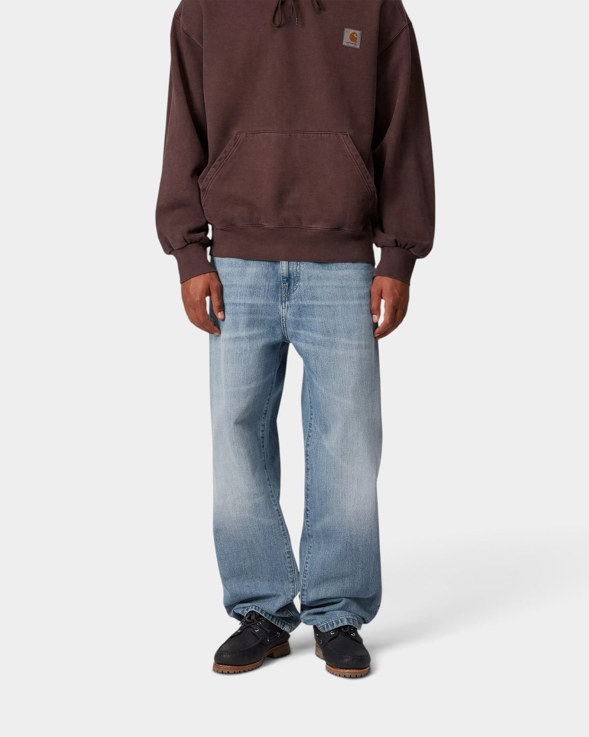 Lockwood Avenue Carhartt Aaron pants in stone bleached denim with a loose tapered fit and five-pocket design.