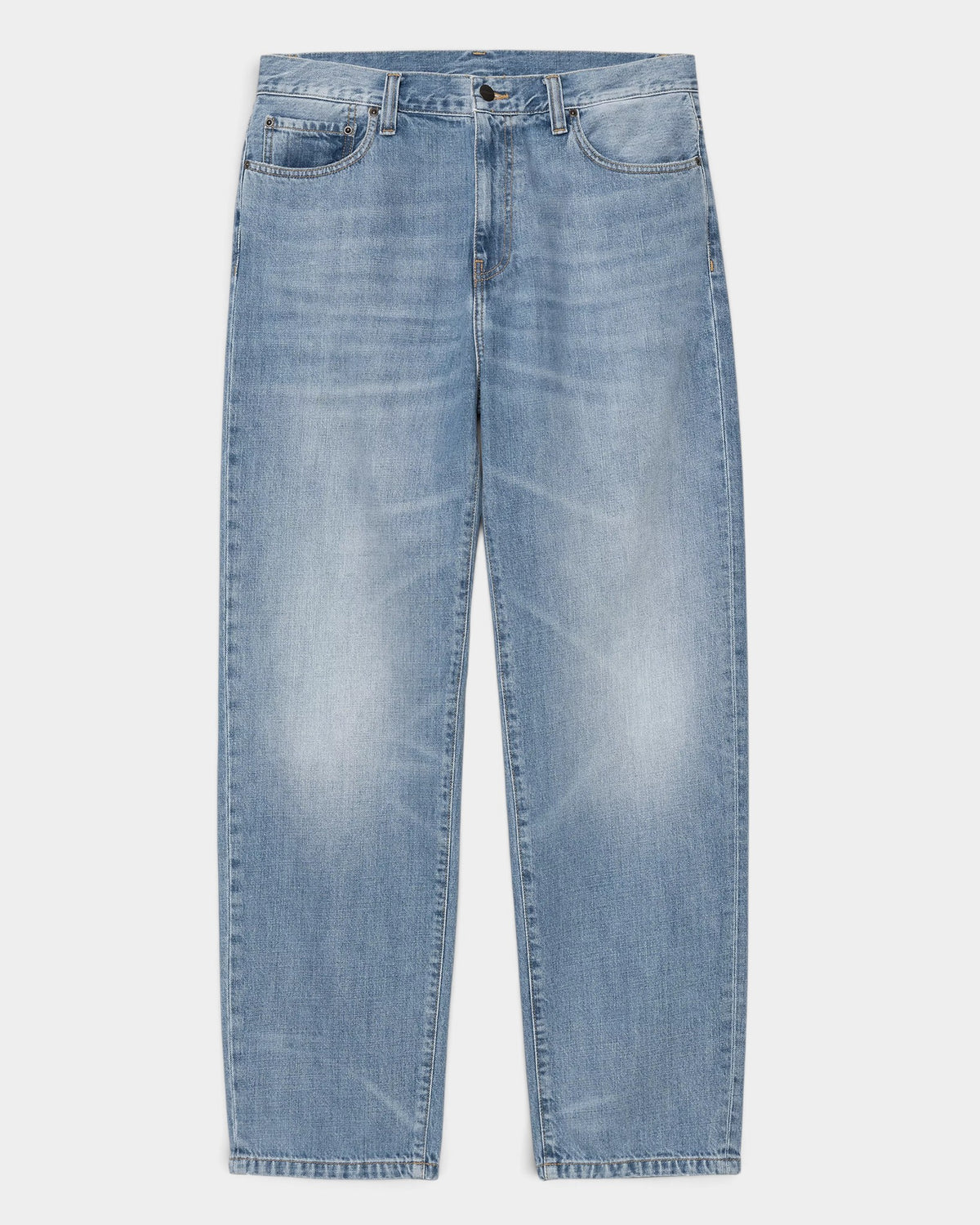 Lockwood Avenue Carhartt Aaron stone bleached denim pants with a loose tapered fit and five-pocket design.