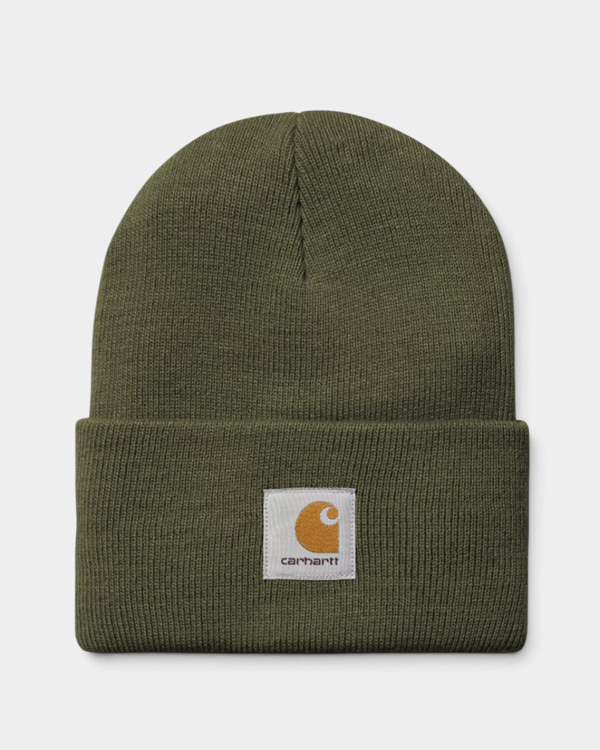 Lockwood Avenue Carhartt Acrylic Watch Beanie in dusty cactus green with a fold-up cuff and woven brand label.