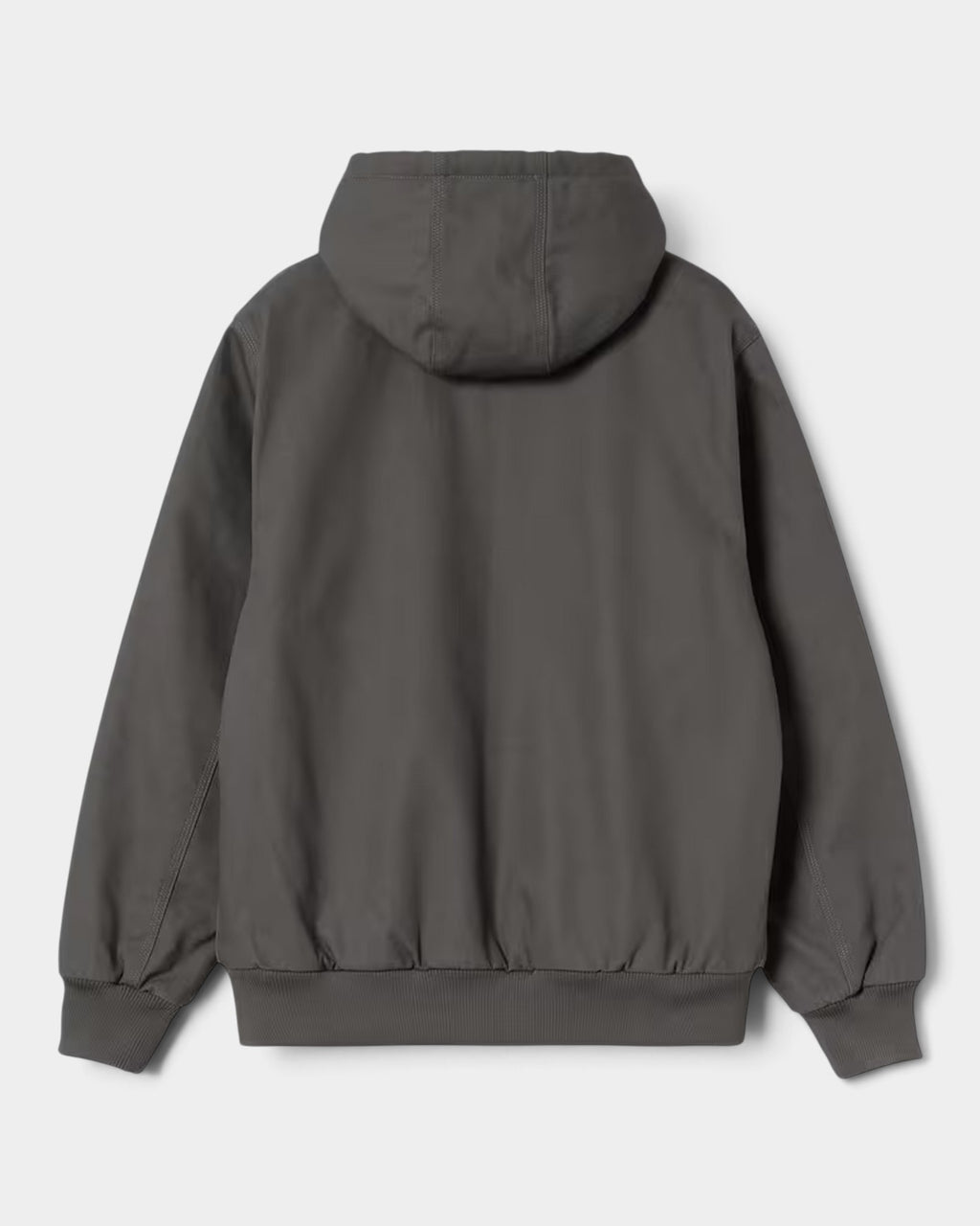 Back view of a grey Carhartt Active Winter Jacket from Lockwood Avenue, featuring a hood and rib-knit hem.