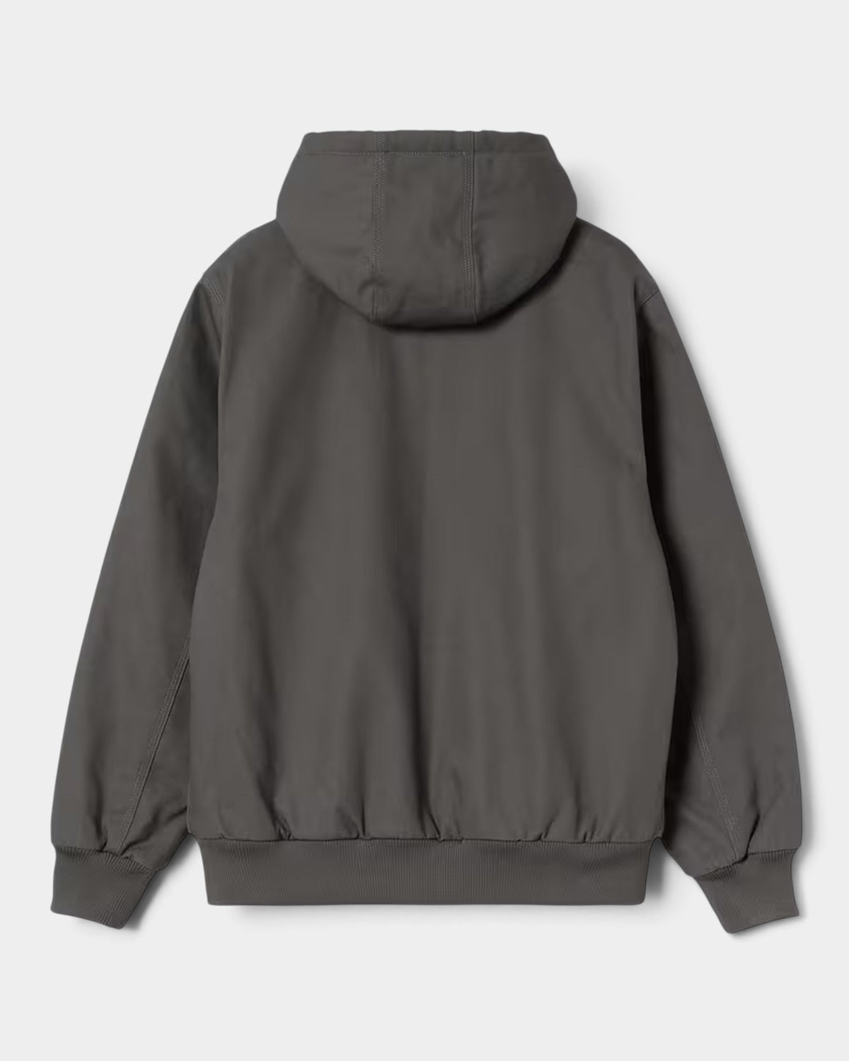 Back view of a grey Carhartt Active Winter Jacket from Lockwood Avenue, featuring a hood and rib-knit hem.