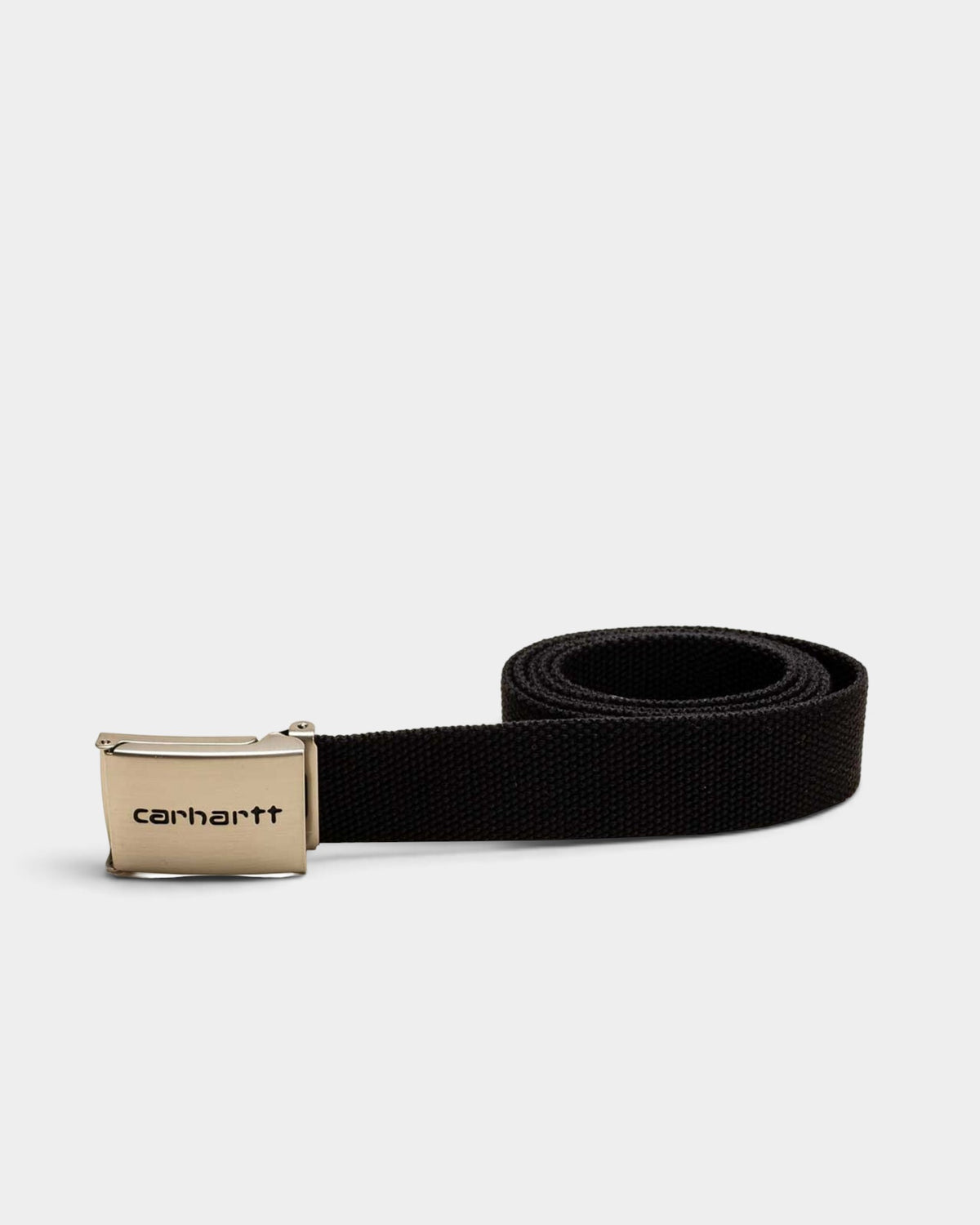 Lockwood Avenue Carhartt Clip Belt in black polyester canvas with a chrome metal buckle featuring debossed branding.