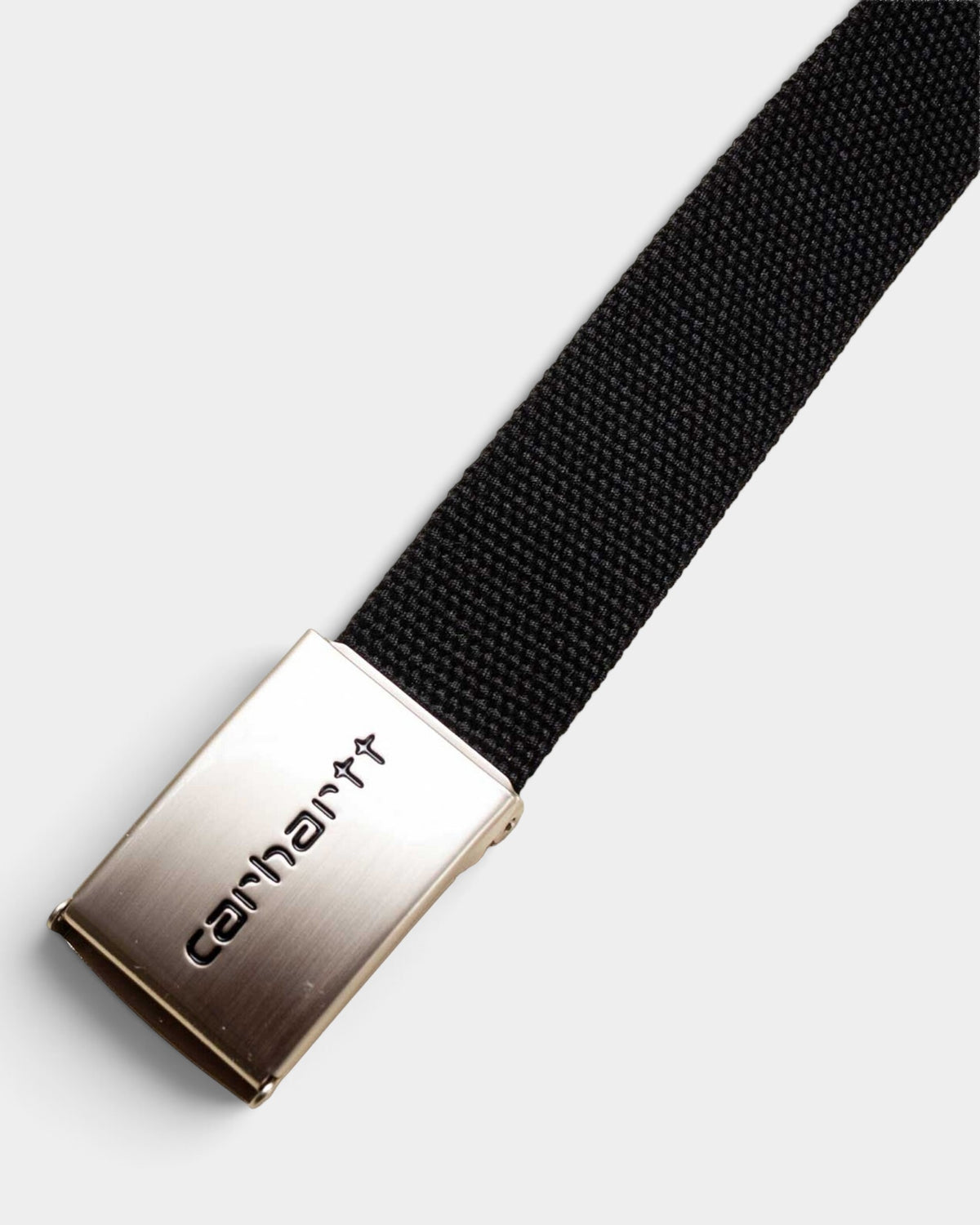 Lockwood Avenue Carhartt black polyester canvas belt with a chrome metal clip buckle featuring debossed branding.