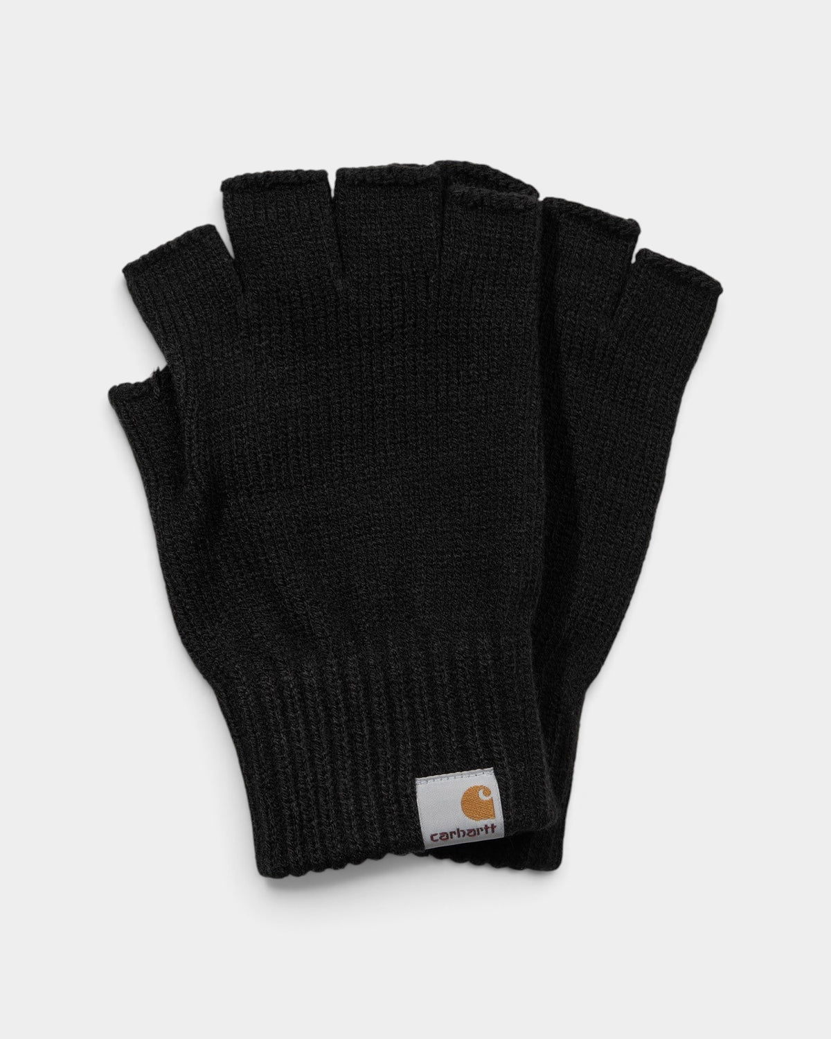 Lockwood Avenue black Carhartt fingerless knit gloves with ribbed cuffs and a square logo label