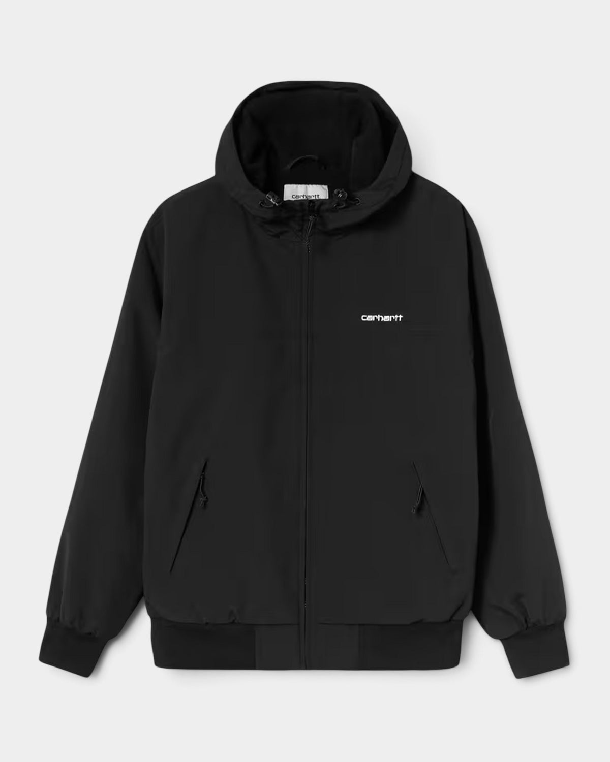 Lockwood Avenue Carhartt Hooded Sail Jacket in black nylon Supplex with fleece lining and zip-up front closure.