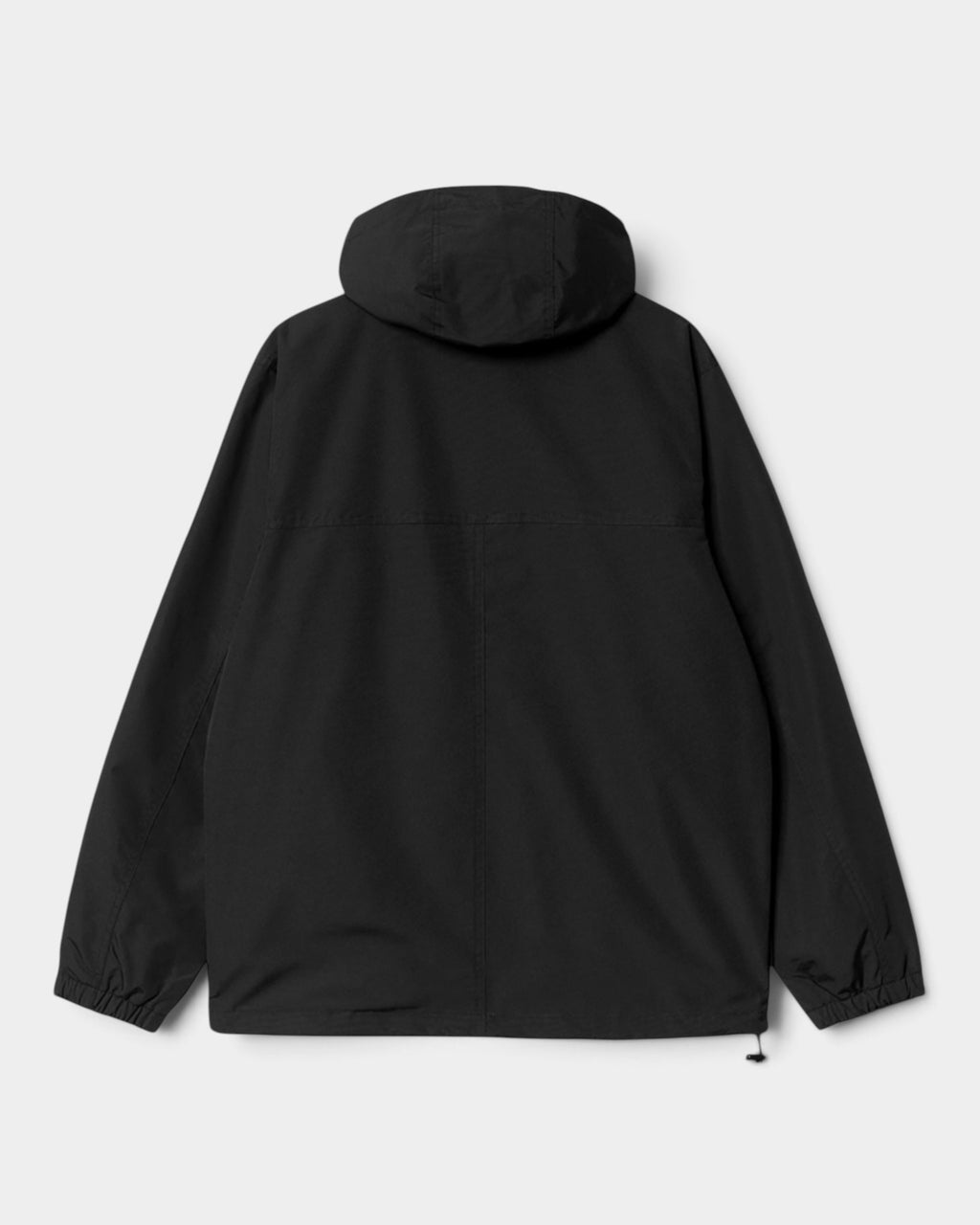 Back view of a black Lockwood Avenue Carhartt windbreaker pullover with an adjustable hood and elastic cuffs.