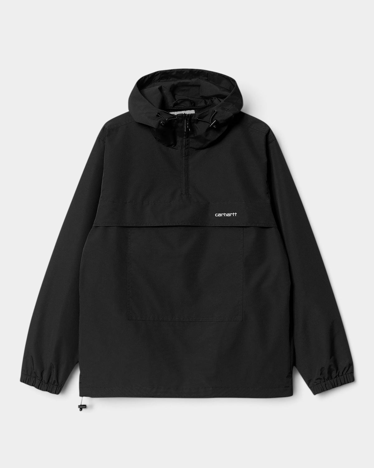 Lockwood Avenue Carhartt black water-repellent nylon windbreaker pullover with adjustable hood and front zip pocket