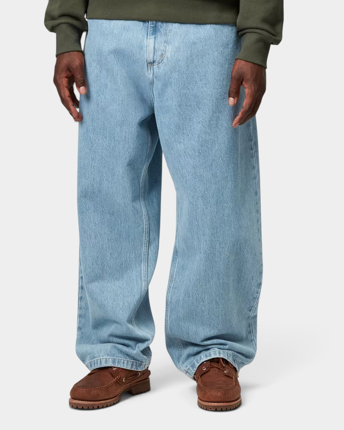 Lockwood Avenue Carhartt Brandon loose straight fit light blue stone-bleached denim pants on a model
