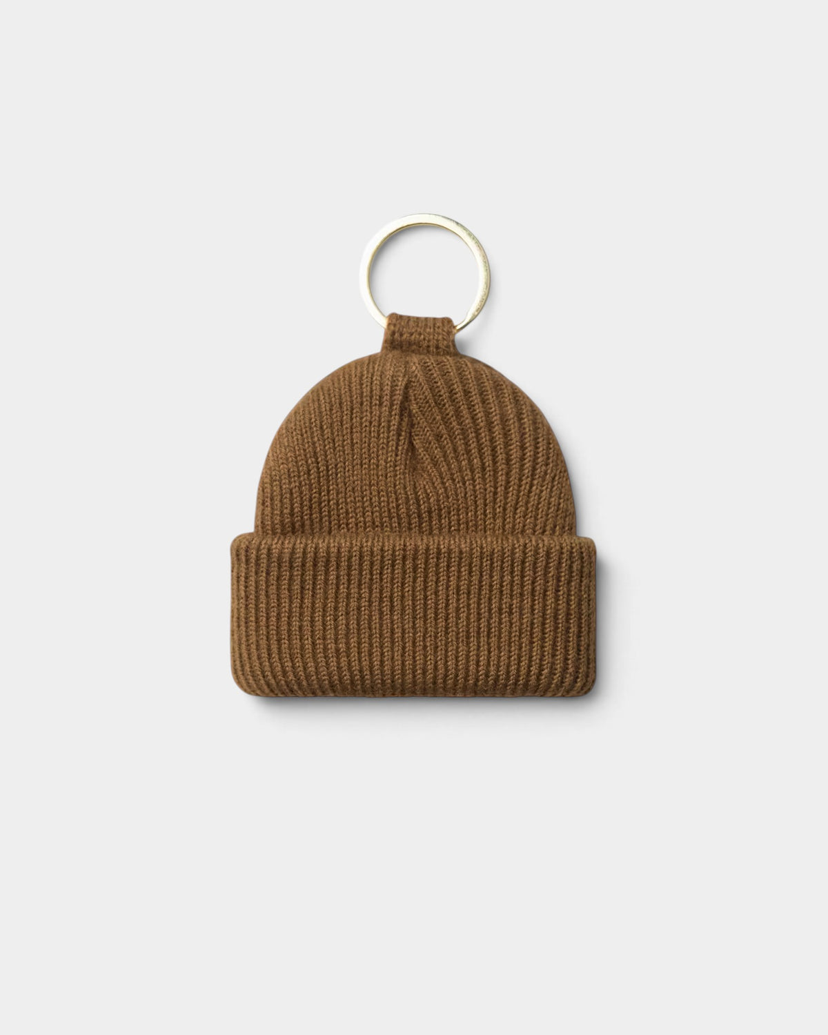 Lockwood Avenue Carhartt mini brown acrylic rib knit beanie keychain with metal ring and woven square label